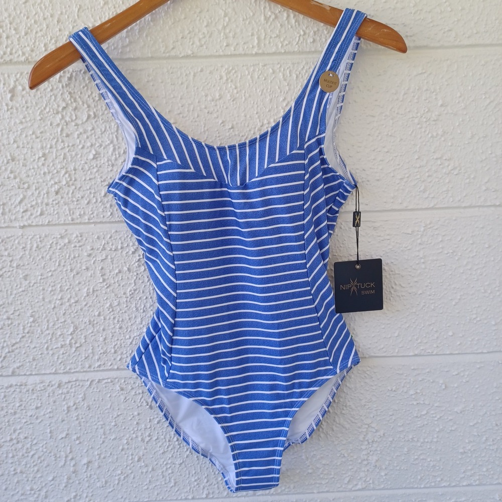 Nip Tuck Swim Womens Chambray Blue White Striped 1-Piece Swimsuit US 4‎ NEW